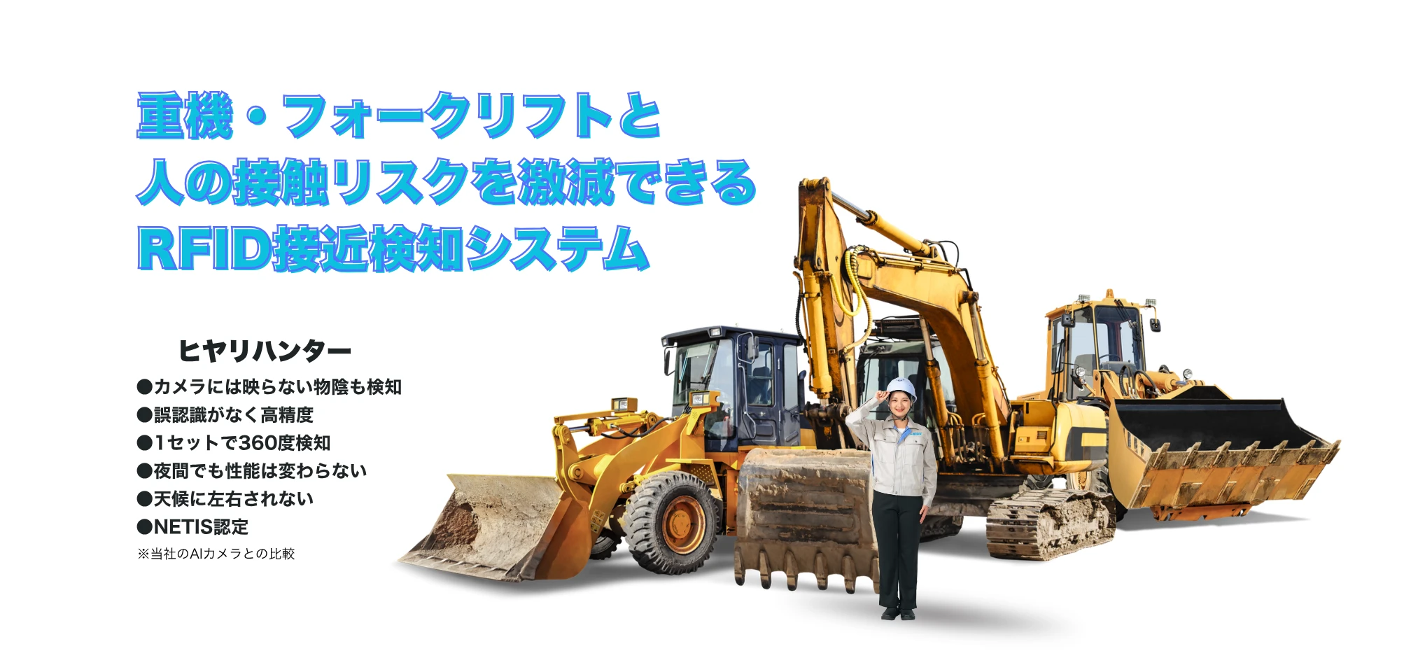 ヒヤリハンターは高精度RFIDによる重機・フォークリフトと作業者の接近・接触事故リスク低減システム。